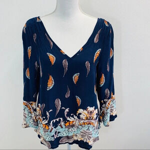 Ganji LA Small Top Navy Floral Print  3/4 Flare Sleeve Light Boho Office‎ M21